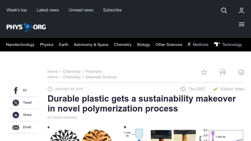 Screenshot of phys.org: Durable plastic gets a sustainability makeover in novel polymerization process