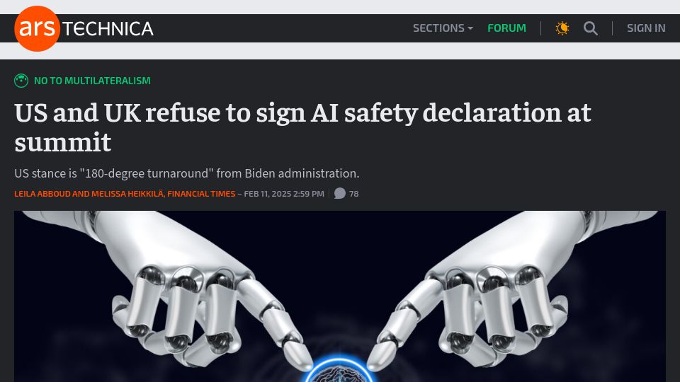 Screenshot of arstechnica.com: US and UK refuse to sign AI safety declaration at summit