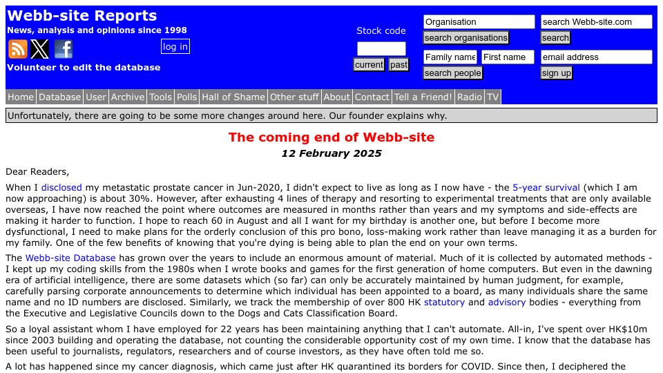 Screenshot of webb-site.com: A gracious end to Webb-site