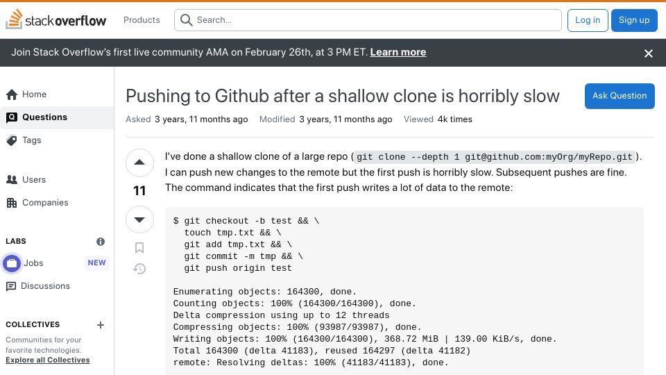 Screenshot of stackoverflow.com: Git clone –depth 2 is vastly better than –depth 1 if you want to Git push later