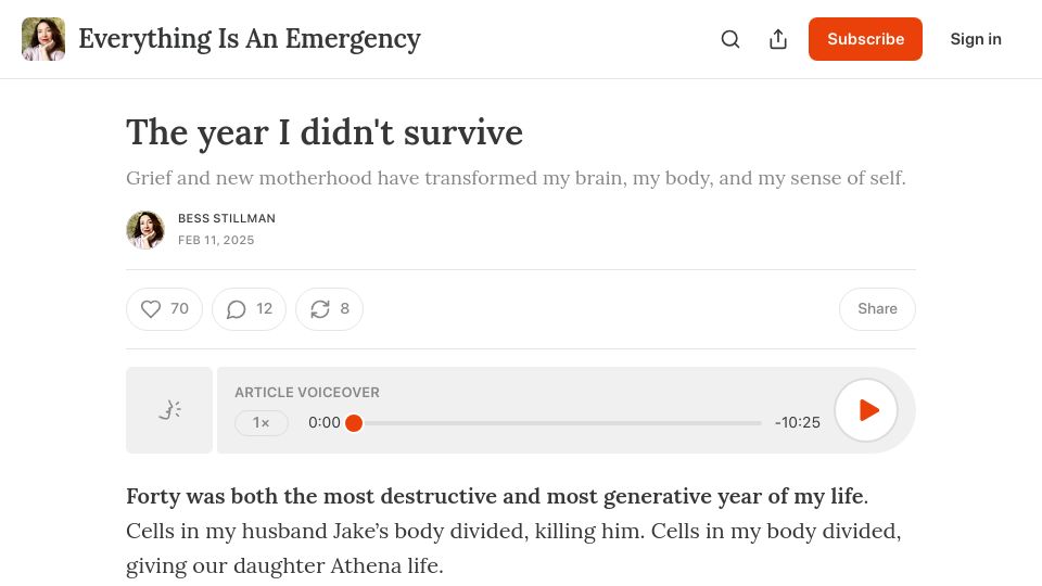 Screenshot of bessstillman.substack.com: The year I didn't survive