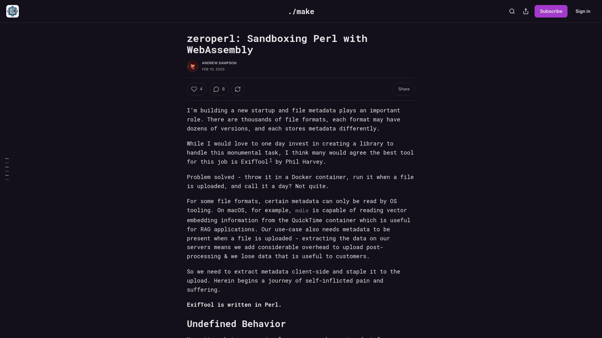 Screenshot of andrews.substack.com: Zeroperl: Sandboxing Perl with WebAssembly