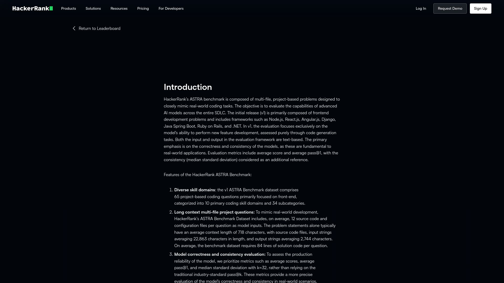 Screenshot of hackerrank.com: ASTRA: HackerRank's coding benchmark for LLMs