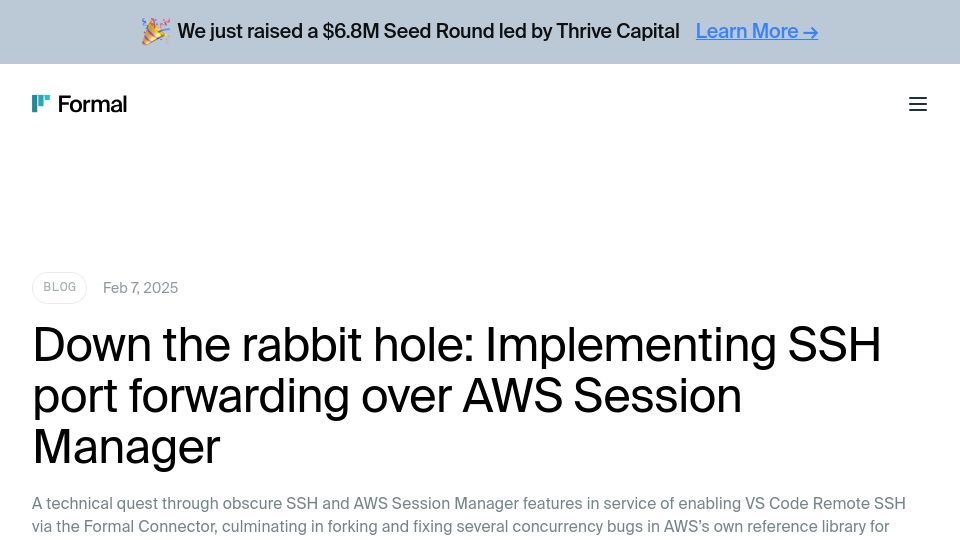 Screenshot of joinformal.com: Down the rabbit hole: Implementing SSH port forwarding over AWS Session Manager