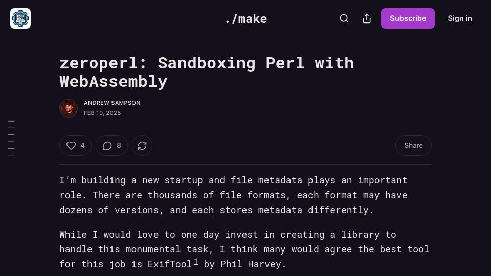 Screenshot of andrews.substack.com: Zeroperl: Sandboxing Perl with WebAssembly