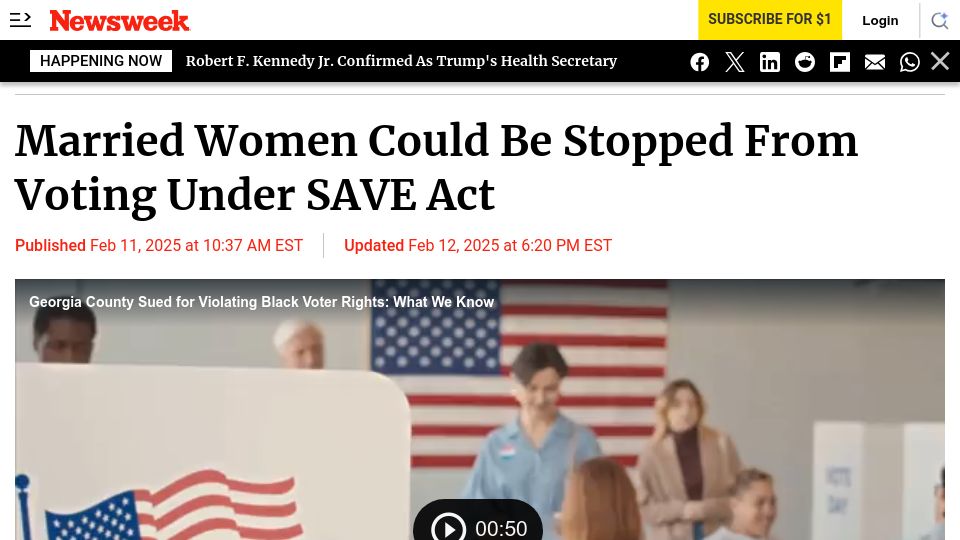 Screenshot of newsweek.com: Married Women Could Be Stopped from Voting Under Save Act