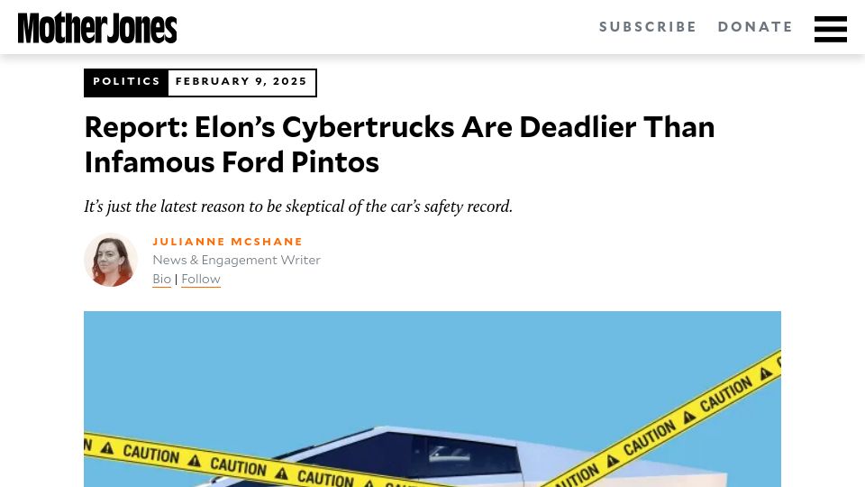 Screenshot of motherjones.com: Cybertrucks Are Deadlier Than Infamous Ford Pintos