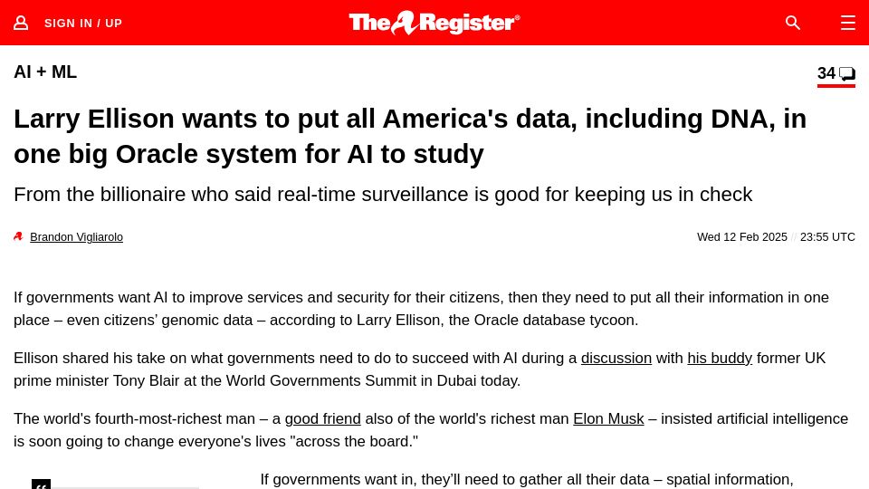 Screenshot of theregister.com: Larry Ellison wants to put all America's data in AI, including DNA
