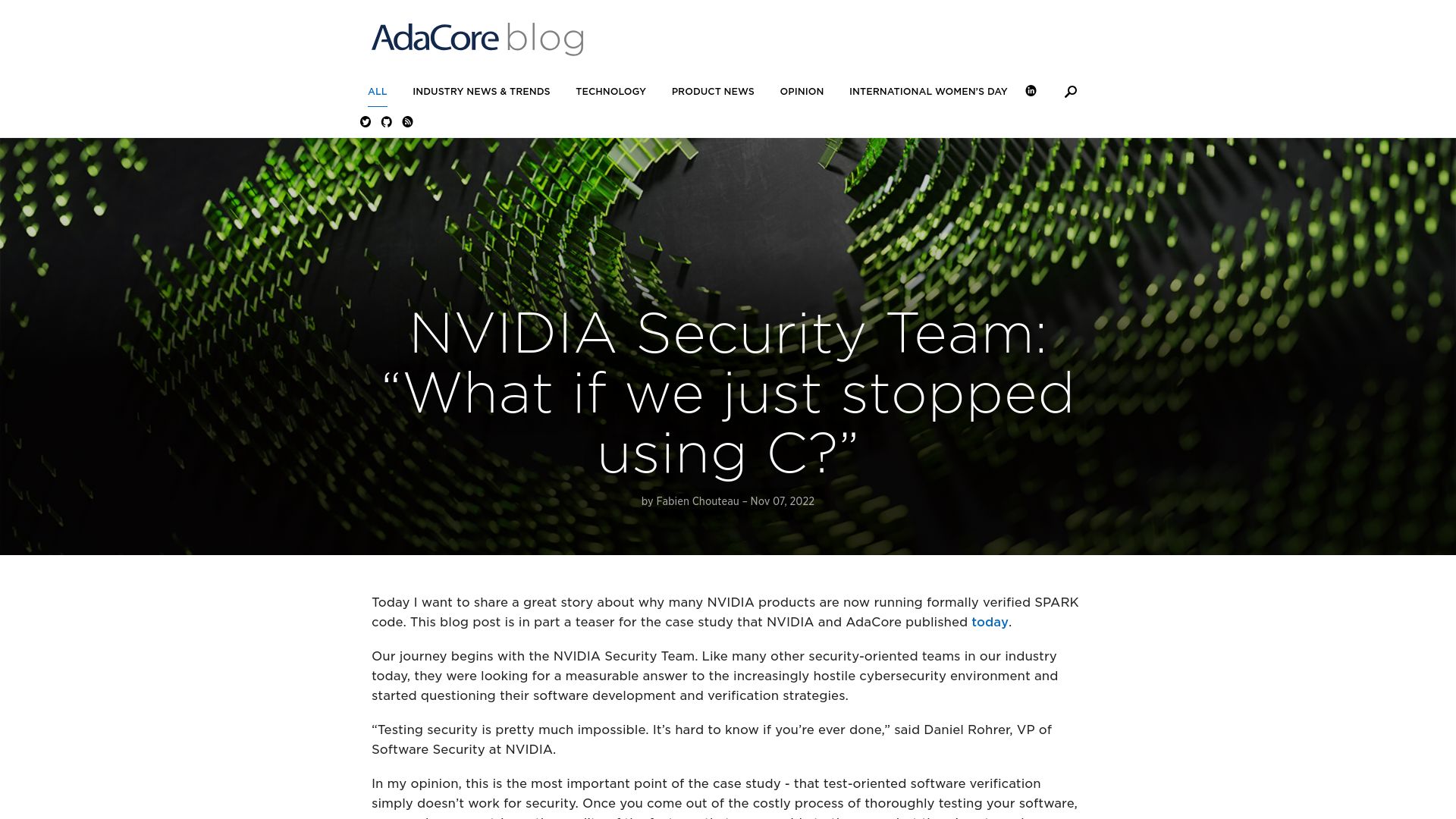 Screenshot of blog.adacore.com: Nvidia Security Team: “What if we just stopped using C?” (2022)