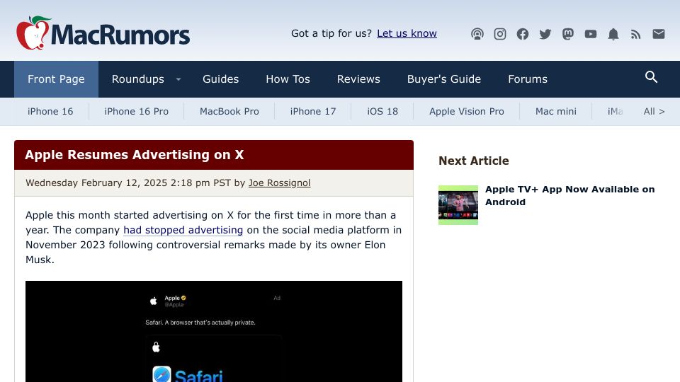 Screenshot of macrumors.com: Apple Resumes Advertising on X
