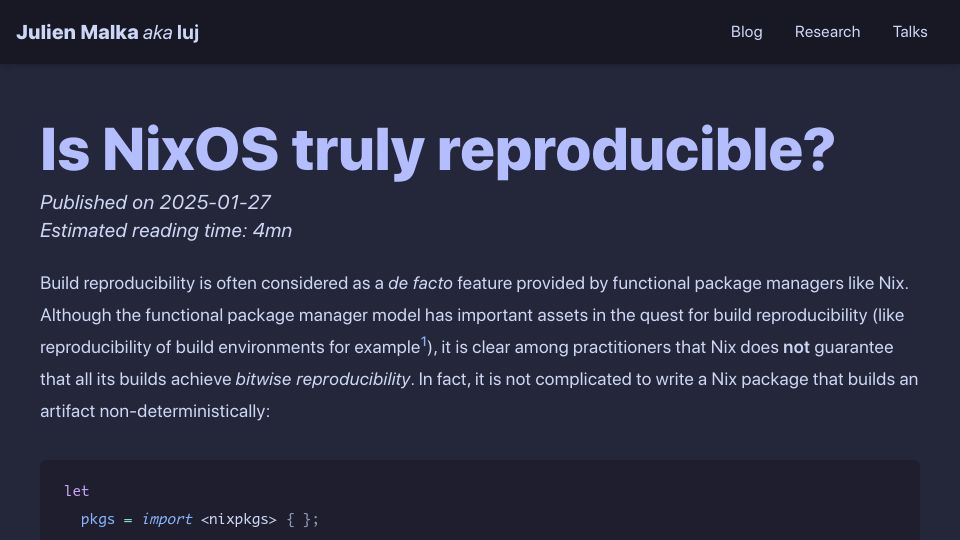 Screenshot of luj.fr: Is NixOS truly reproducible?
