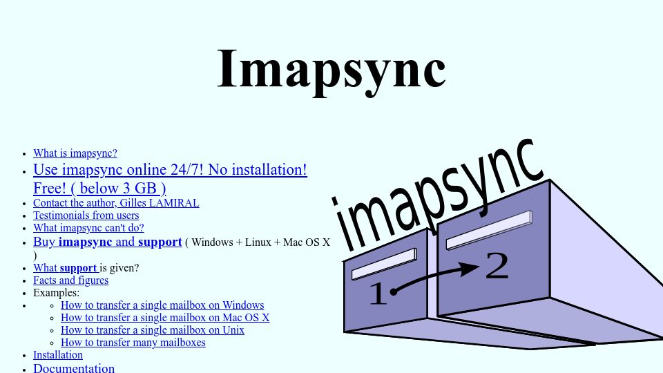 Screenshot of imapsync.lamiral.info: Imapsync