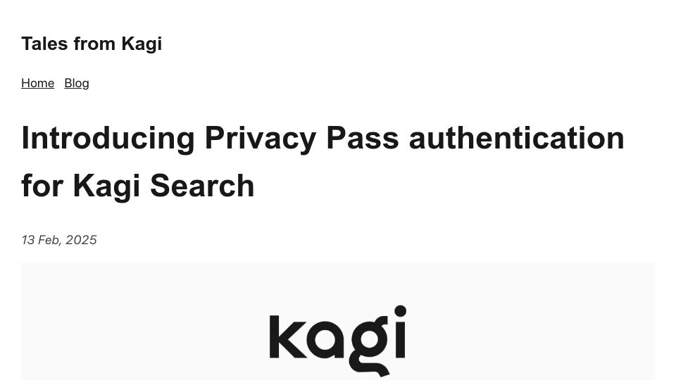 Screenshot of blog.kagi.com: Privacy Pass Authentication for Kagi Search