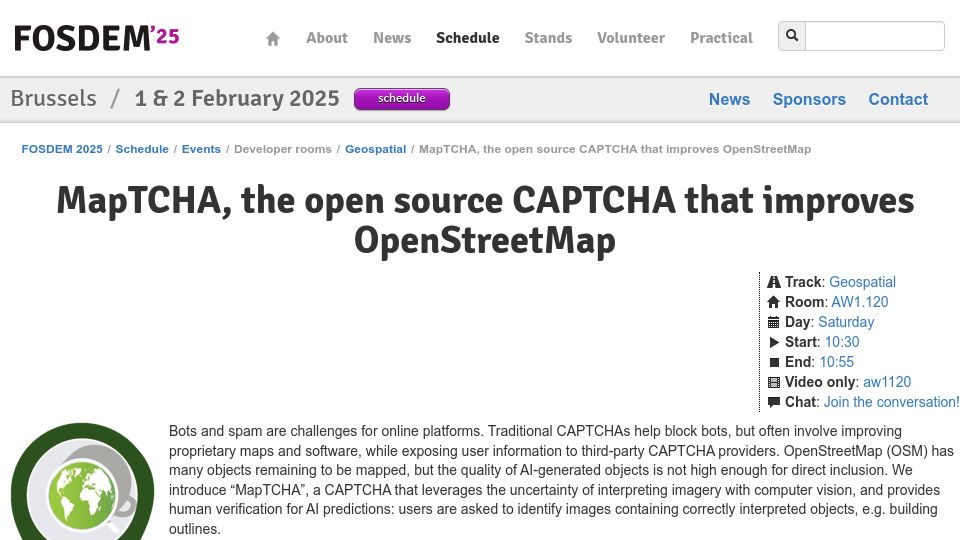 Screenshot of fosdem.org: MapTCHA, the open-source CAPTCHA that improves OpenStreetMap [video]