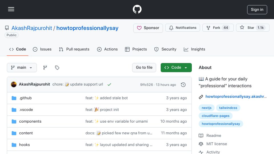 Screenshot of github.com: How to professionally say (2022)