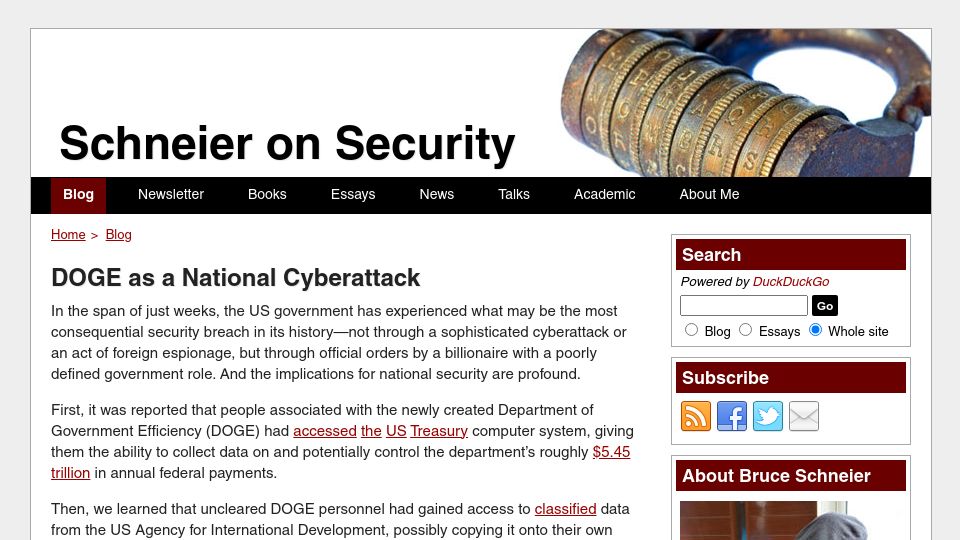 Screenshot of schneier.com: DOGE as a National Cyberattack