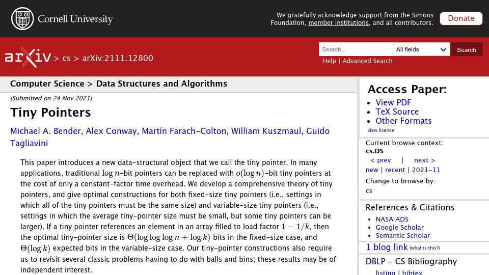 Screenshot of arxiv.org: Tiny Pointers