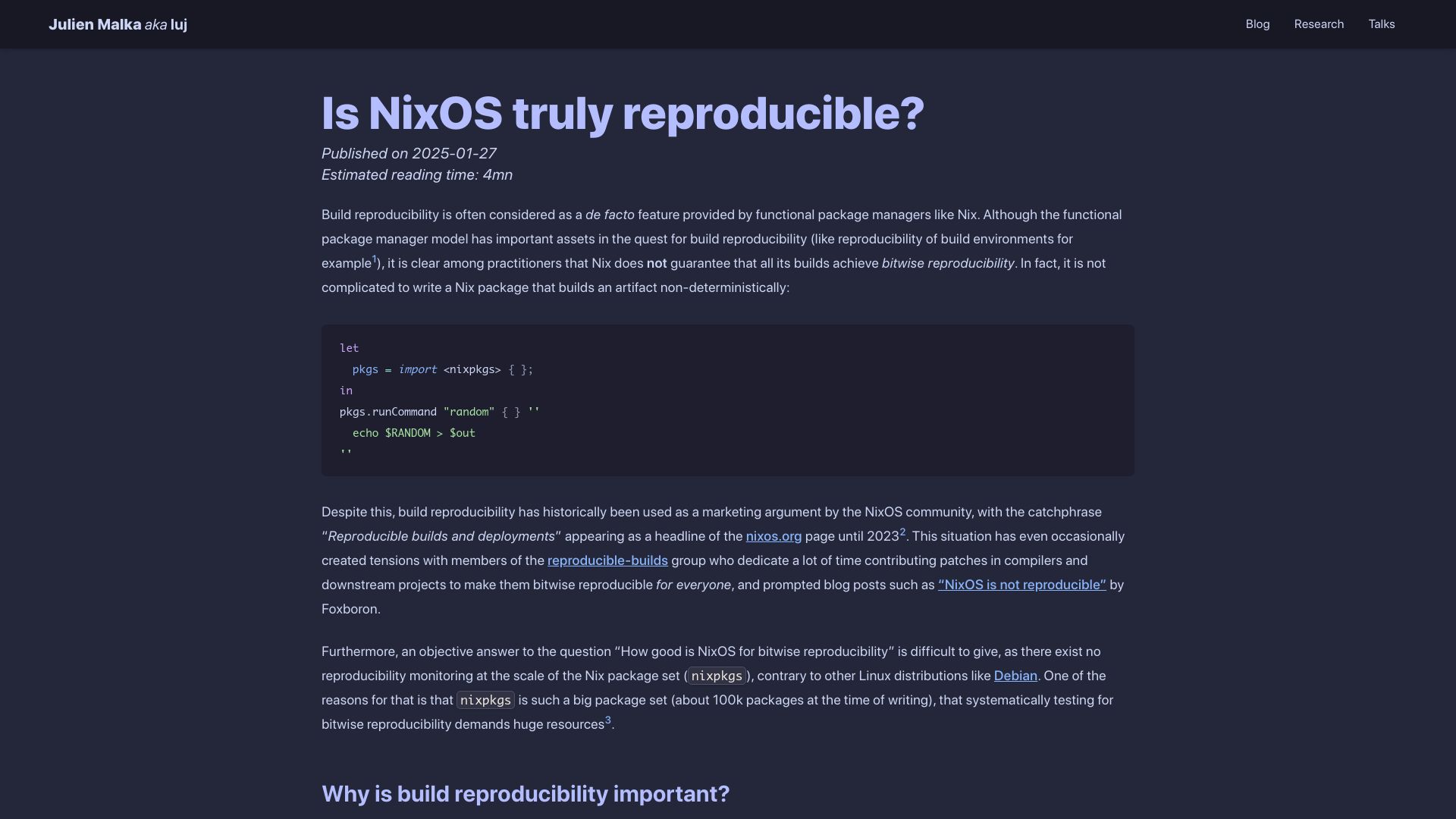 Screenshot of luj.fr: Is NixOS truly reproducible?