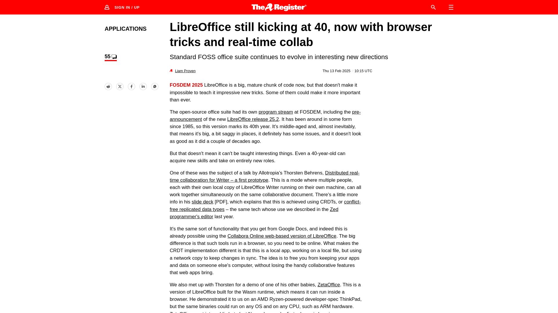 Screenshot of theregister.com: LibreOffice still kicking at 40, now with browser tricks and real-time collab