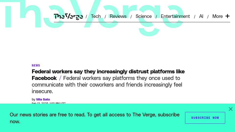 Screenshot of theverge.com: Federal workers say they increasingly distrust platforms like Facebook