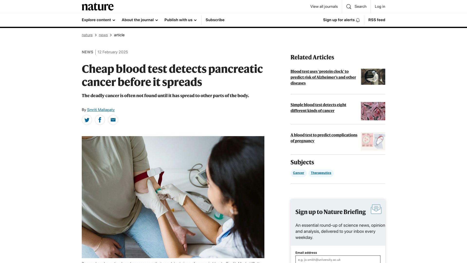 Screenshot of nature.com: Cheap blood test detects pancreatic cancer before it spreads