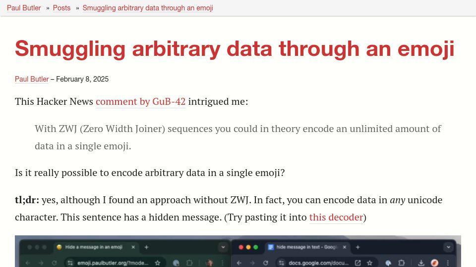 Screenshot of paulbutler.org: Smuggling arbitrary data through an emoji