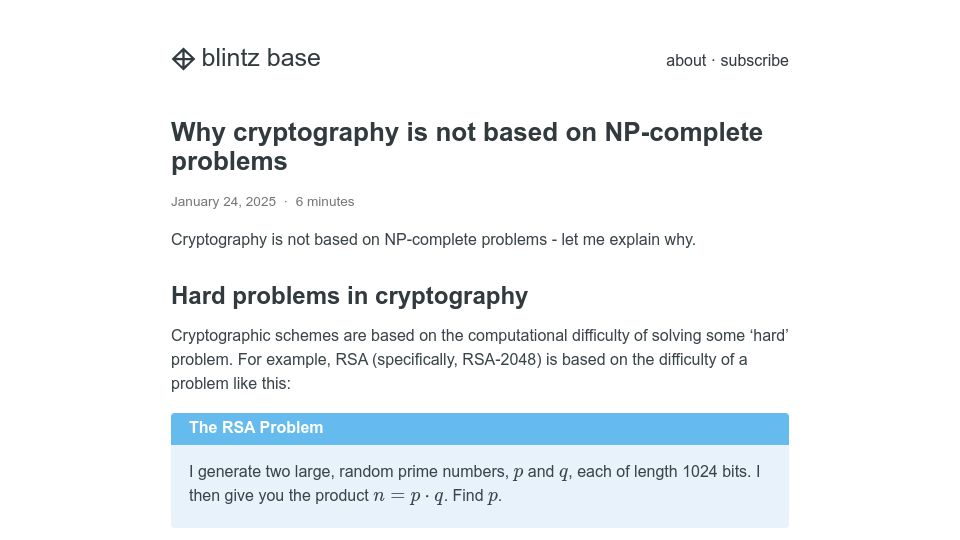 Screenshot of blintzbase.com: Why cryptography is not based on NP-complete problems