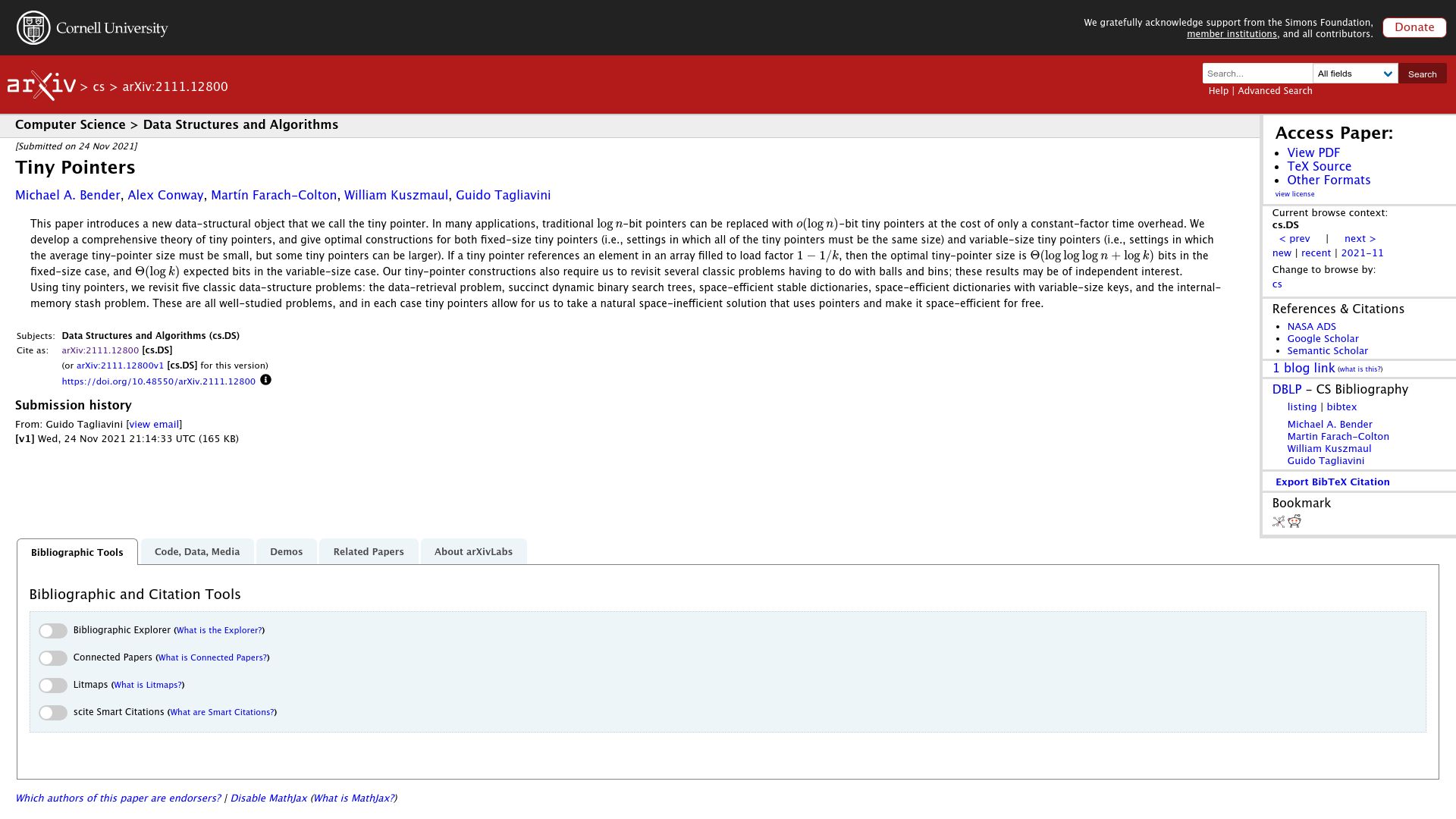 Screenshot of arxiv.org: Tiny Pointers
