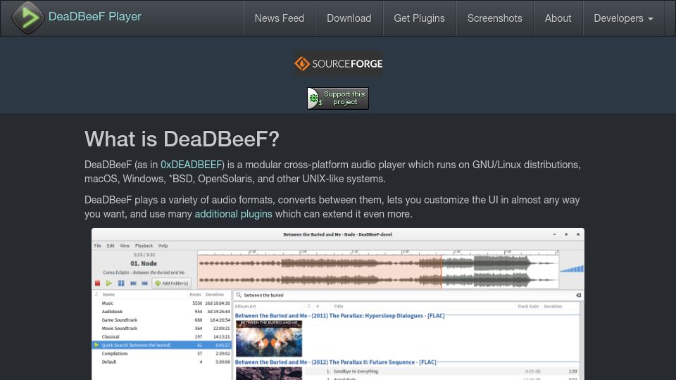 Screenshot of deadbeef.sourceforge.io: DeaDBeeF: The Ultimate Music Player