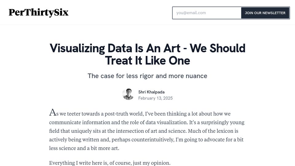 Screenshot of perthirtysix.com: Visualizing data is an art