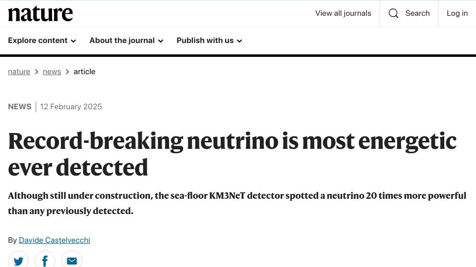 Screenshot of nature.com: Record-breaking neutrino is most energetic ever detected