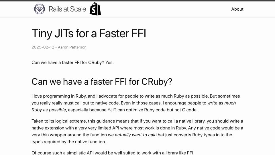 Screenshot of railsatscale.com: Tiny JITs for a Faster FFI