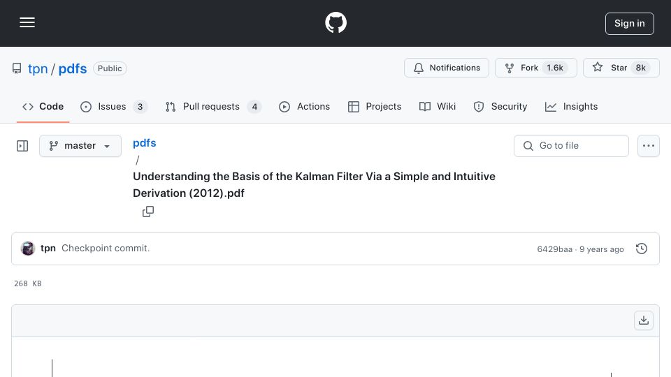 Screenshot of github.com: Basis of the Kalman Filter [pdf]