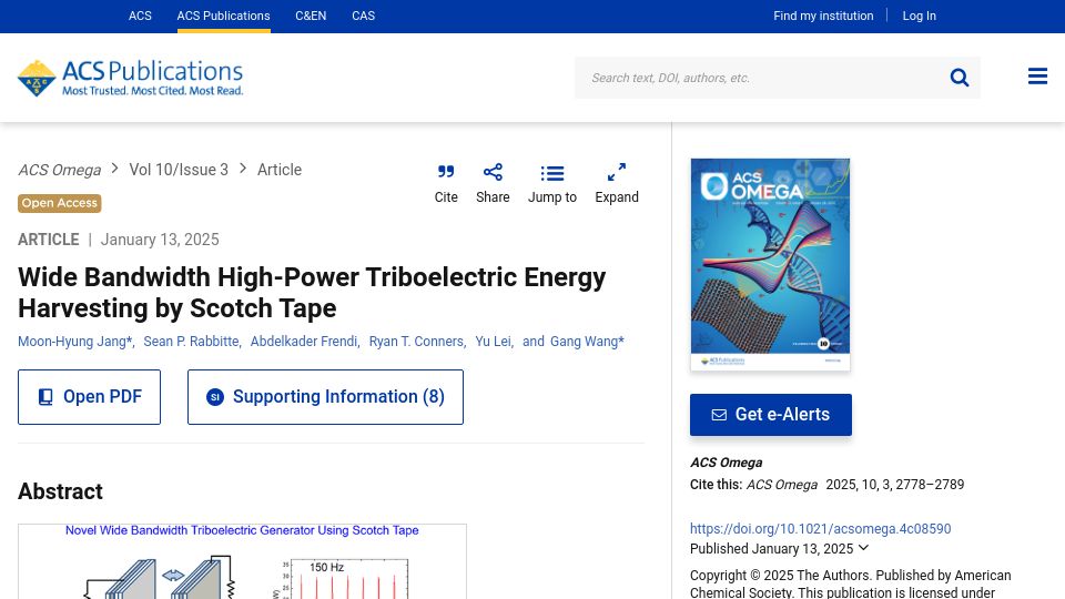 Screenshot of pubs.acs.org: Wide Bandwidth High-Power Triboelectric Energy Harvesting by Scotch Tape