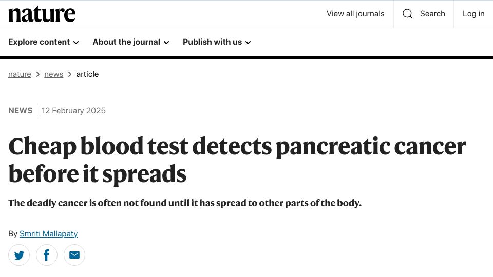 Screenshot of nature.com: Cheap blood test detects pancreatic cancer before it spreads
