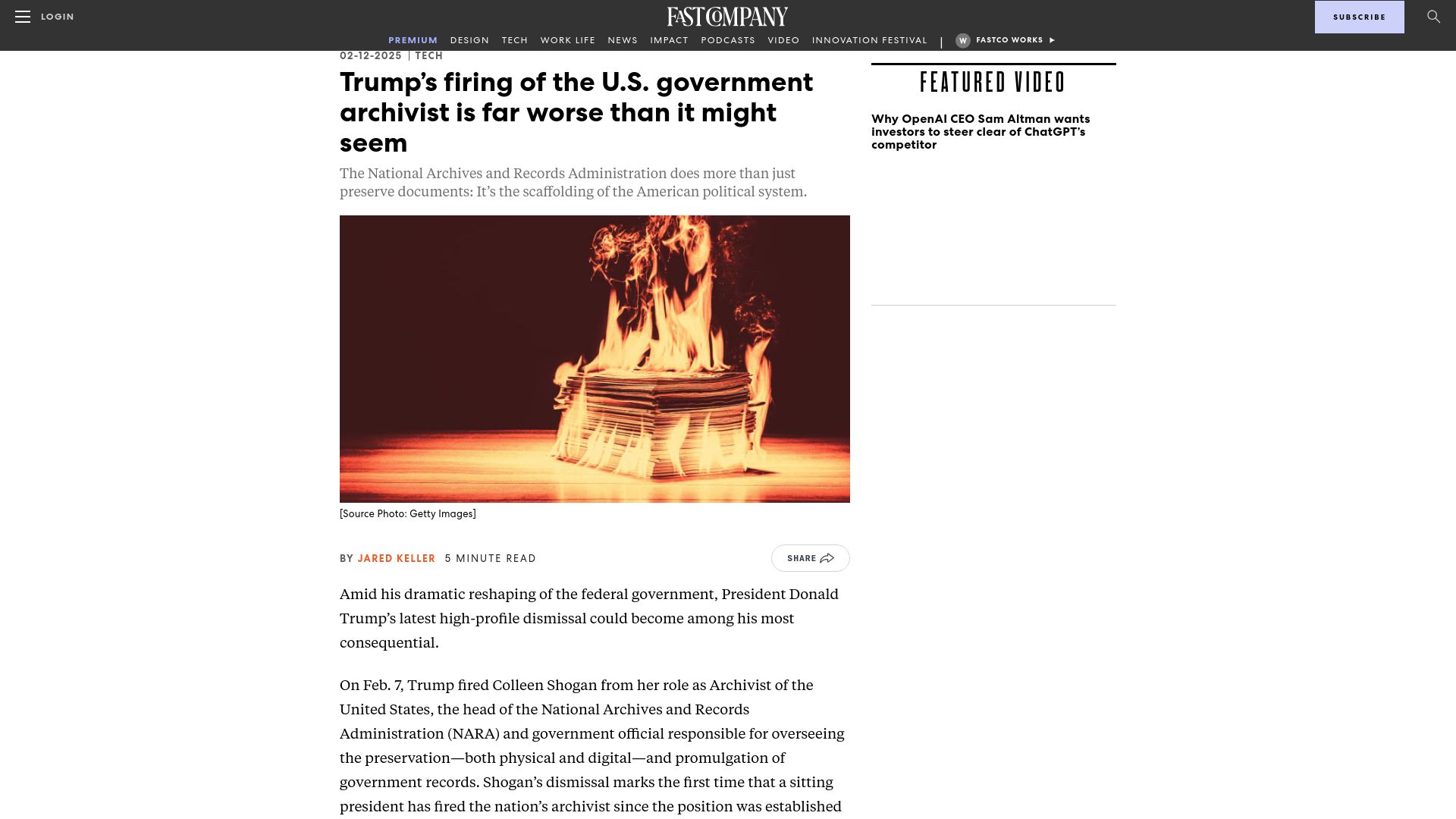 Screenshot of fastcompany.com: Trump's firing of the U.S. government archivist is far worse than it might seem