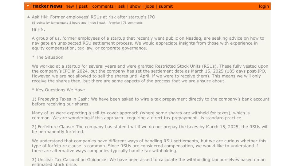 Screenshot of Hacker News post: Ask HN: Former employees' RSUs at risk after startup's IPO