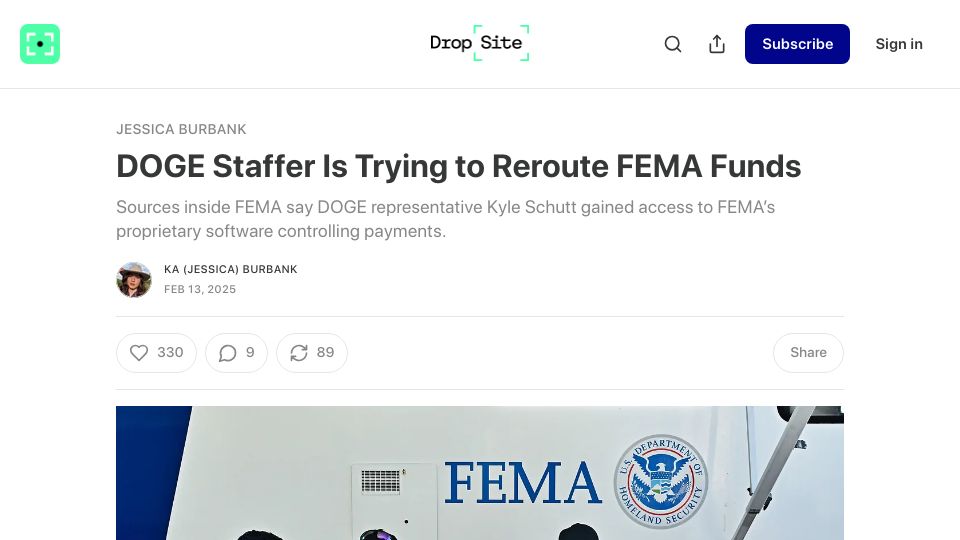 Screenshot of dropsitenews.com: DOGE Staffer Is Trying to Reroute FEMA Funds