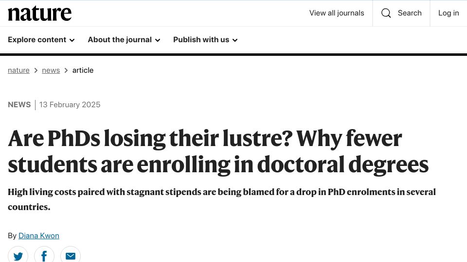 Screenshot of nature.com: Fewer students are enrolling in doctoral degrees