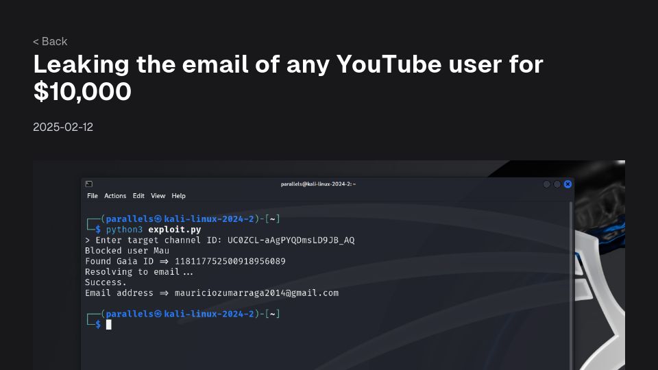 Screenshot of brutecat.com: Leaking the email of any YouTube user for $10k