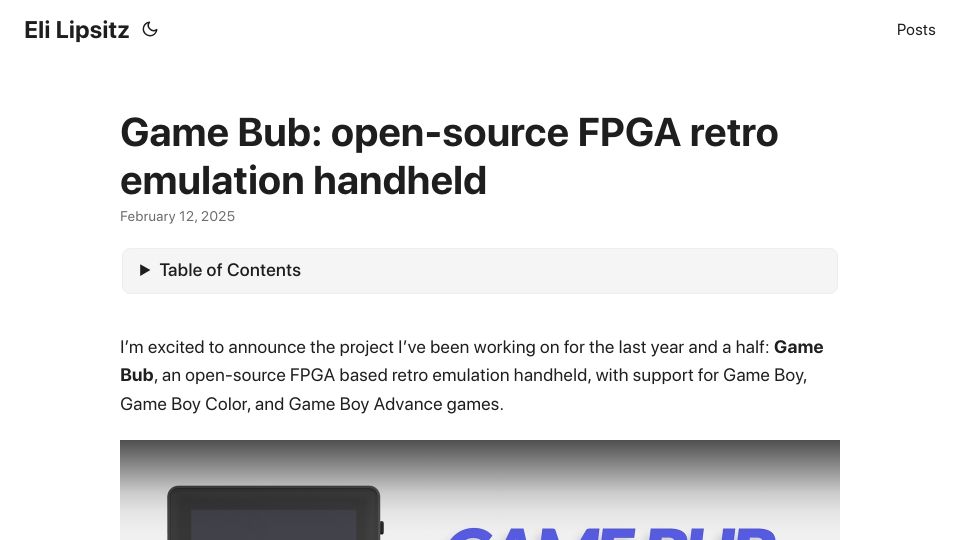 Screenshot of eli.lipsitz.net: Show HN: Game Bub – open-source FPGA retro emulation handheld