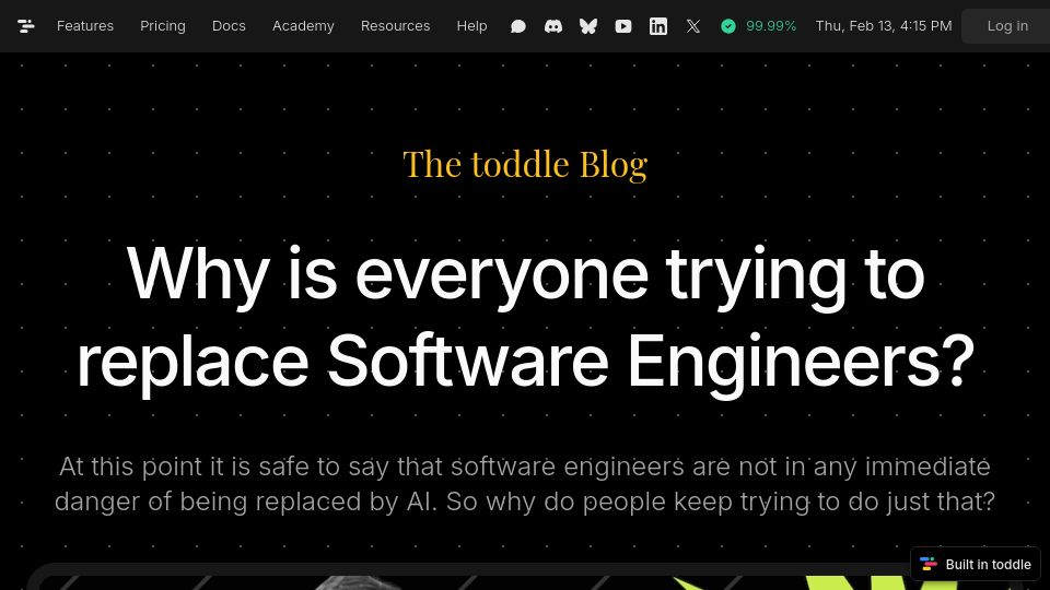 Screenshot of toddle.dev: Why is everyone trying to replace Software Engineers?