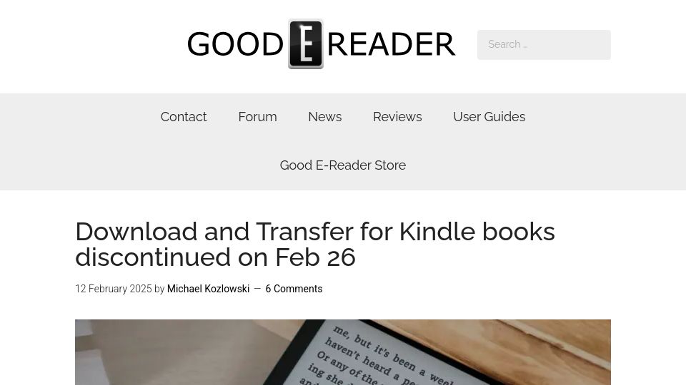 Screenshot of goodereader.com: Amazon ends kindle ebooks "Download and Transfer via USB"