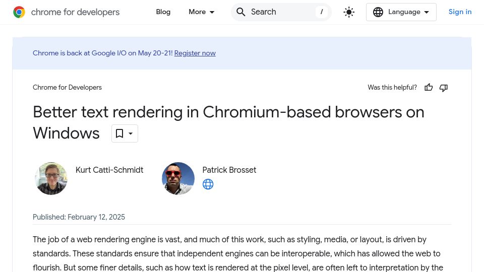 Screenshot of developer.chrome.com: Better text rendering in Chromium-based browsers on Windows