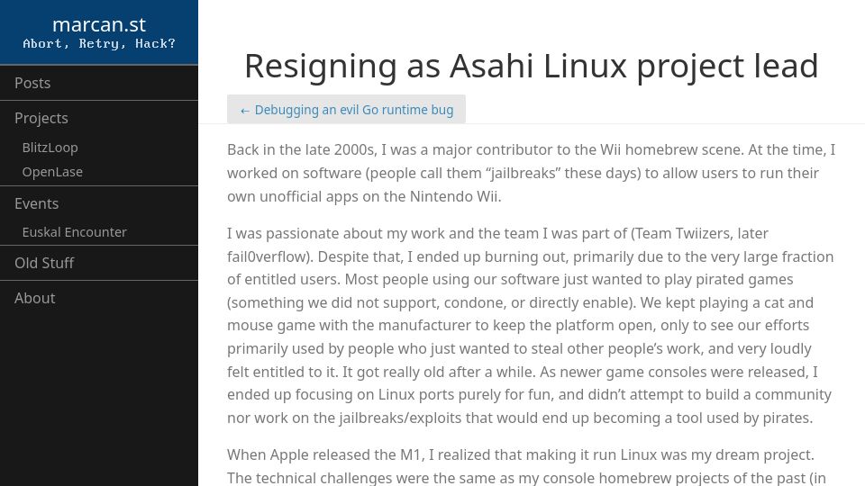 Screenshot of marcan.st: Resigning as Asahi Linux project lead