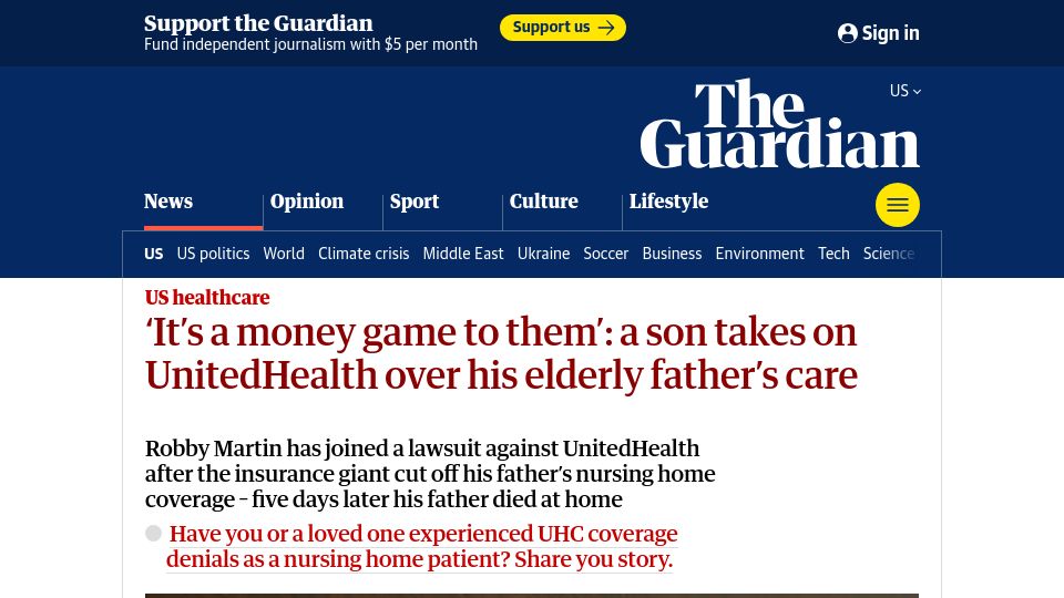 Screenshot of theguardian.com: 'It's a money game to them':son takes on UnitedHealth over elderly father's care
