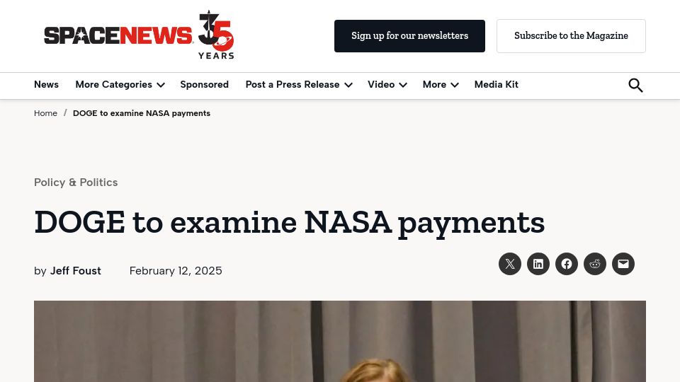 Screenshot of spacenews.com: DOGE to examine NASA payments – SpaceNews
