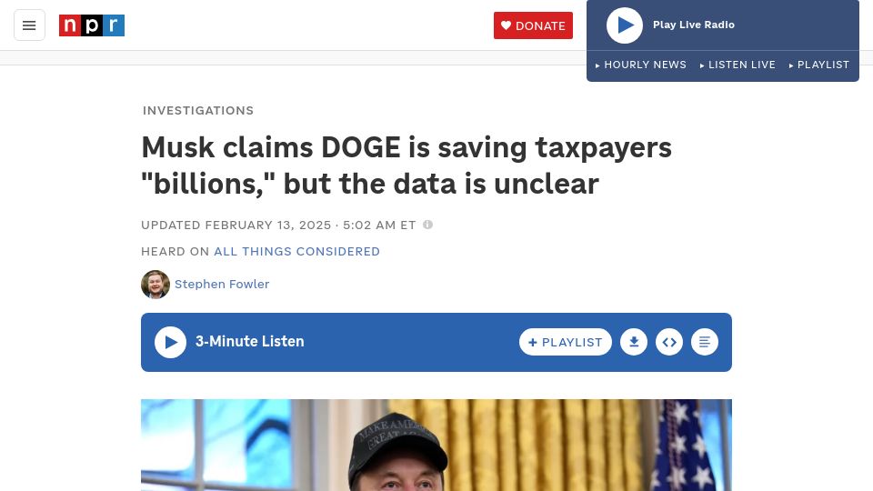 Screenshot of npr.org: DOGE boasts about billions in canceled federal contracts – but the data is murky