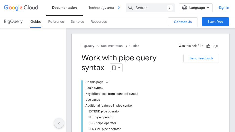 Screenshot of cloud.google.com: SQL pipe syntax available in public preview in BigQuery