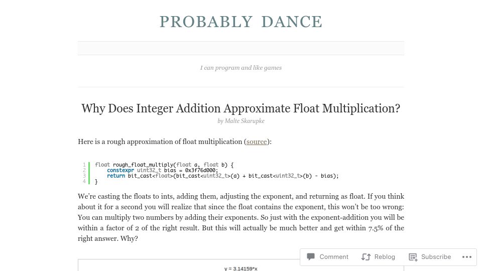 Screenshot of probablydance.com: Why Does Integer Addition Approximate Float Multiplication?